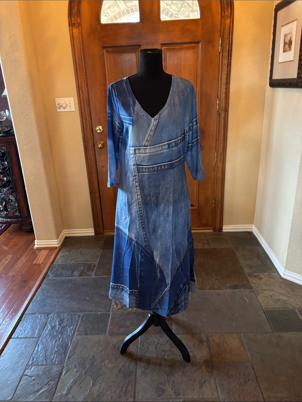 Blue V-Neck Long Sleeve Women's Dress